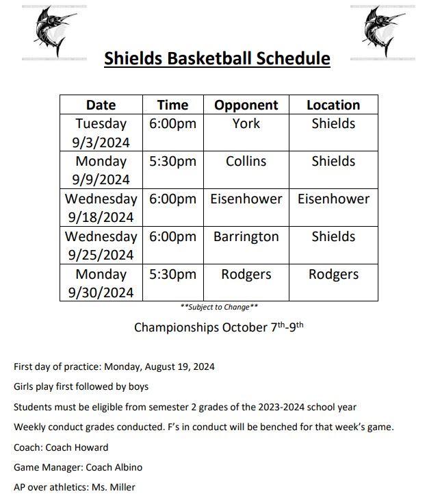 2024 Shields Basketball Schedule